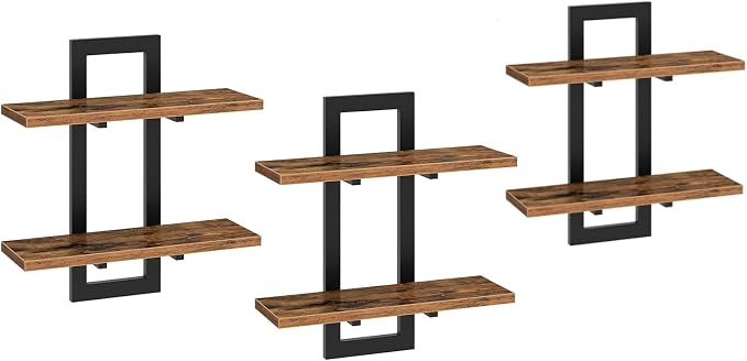 HOOBRO Floating Shelves, 15 Inch Wall Shelf Set of 3, Wall Mounted Storage Shelves 2-Tier, Hanging Bathroom Shelves, for Living Room, Bedroom, Bathroom, Kitchen, Rustic Brown and Black BF32BJP301
