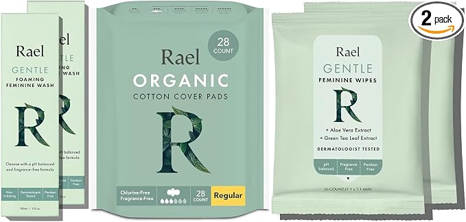 Rael Feminine Care Bundle - Foaming Feminine Cleansing Wash (2 Pack), Feminine Wipes (2 Pack), Organic Cotton Cover Regular Pads with Wings (28 Count)