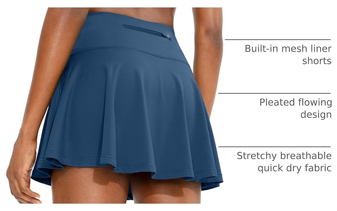 Pleated Tennis Skirt with 4 Pockets | 14", 3.5" High Waisted, Soft, Lightweight, Mesh Built-in Shorts, Dressy, Casual, Athletic, Golf, Skort for Women