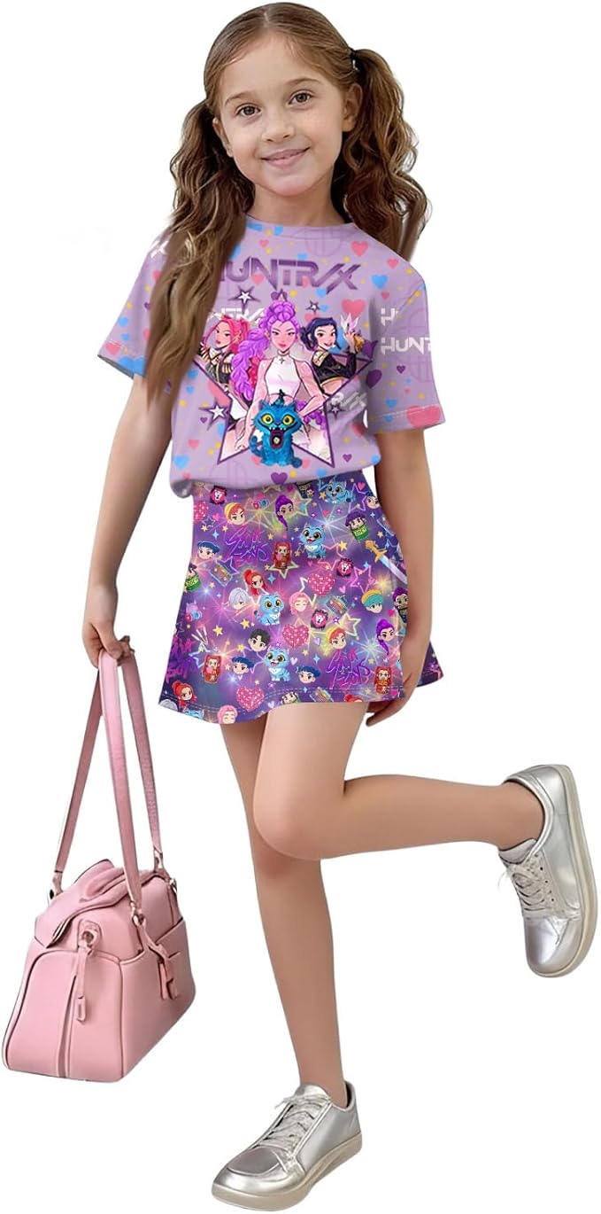 HTHLVMD K Pop Short Sleeve T-Shirt and Skirts Outfits Set for Girls Hunters Rumi Mira Zoey Graphic Tees De-Mon Costume