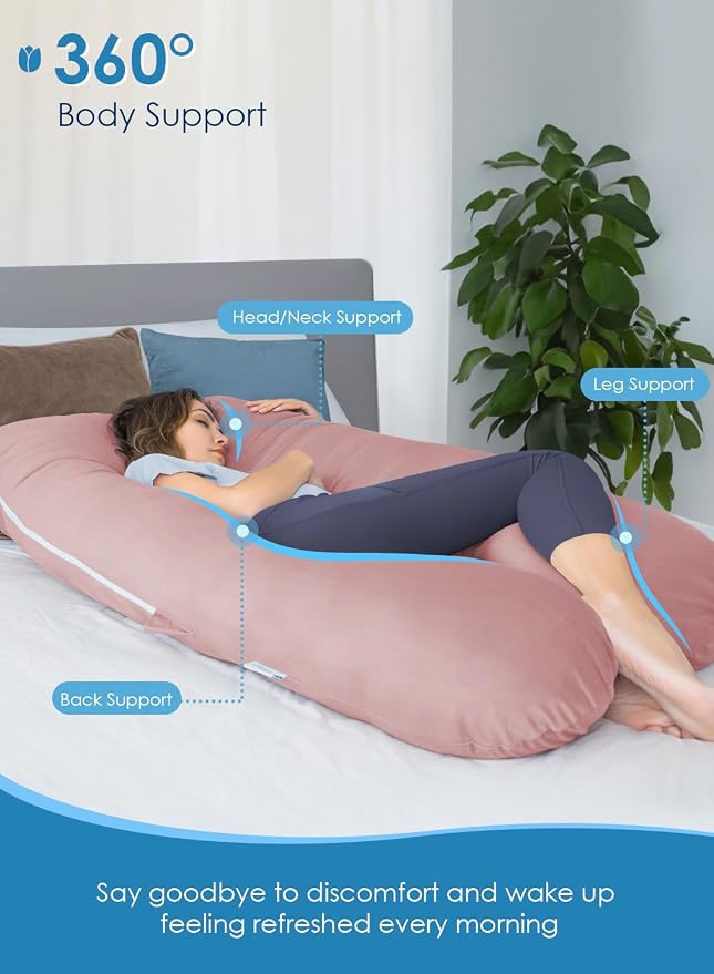 QUEEN ROSE Pregnancy Pillows for Sleeping, Cooling U Shaped Body Pillow, Maternity Pillow for Pregnant Women with Silky Soft Cover, Pink