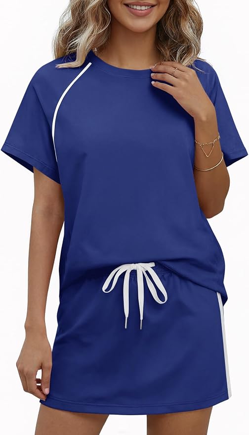Womens 2 Piece Skirt Sets Summer Tennis Outfits Vacation Skort Set | Two Piece Sets, Short Set, Athletic Workout Golf Outfits, Crew Neck, Color Block, Drawstring, Workout Mathcing Lounge Sets