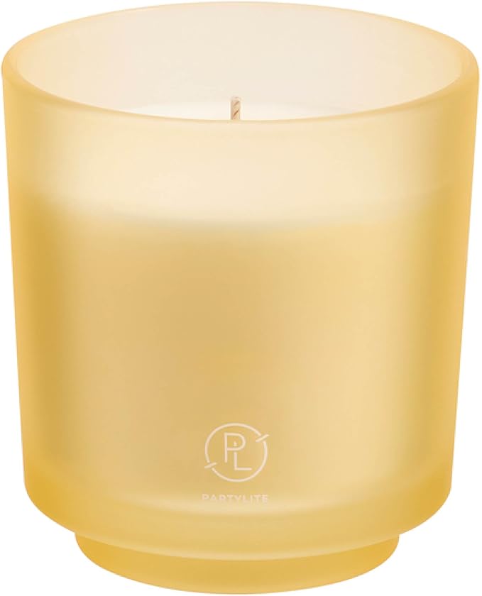 PartyLite Coastal Amber & Shea Scented, Notes of Ylang Ylang Flower, Citron & Coconut, 10oz 1-Wick Aromatherapy Refillable Jar Candle, 50 Hour Burn Time, Sustainable Wax in Reusable Vessel