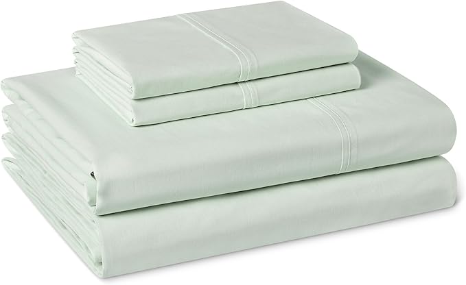 Amazon Basics 100% Organic Cotton Kids' Sheet Set with Pillowcase, Queen Size, Pale Sage Green Fox Pattern