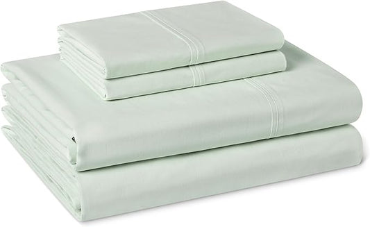 Amazon Basics 100% Organic Cotton Kids' Sheet Set with Pillowcase, Queen Size, Pale Sage Green Fox Pattern