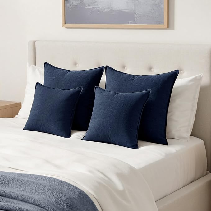 MIULEE Decorative Linen Pillow Covers 22x22 Inch Navy Blue | Boho Farmhouse Neutral Couch Throw Pillows for Bed, Pack of 2 Accent Coastal Modern Pillowcases, Sofa Livingroom Home Decor