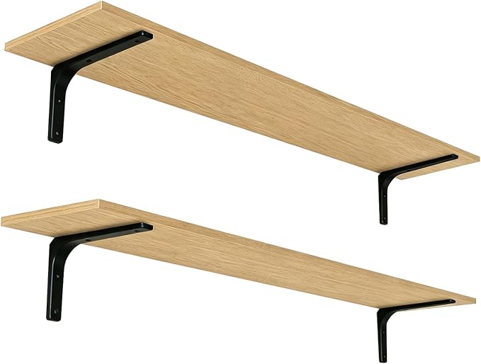 DINZI LVJ Long Wall Shelves, 55.1Inch Wall Mounted Shelves Set of 2, Extra Large Storage Ledges with Sturdy Metal Brackets for Living Room, Bathroom, Bedroom, Kitchen, Natural
