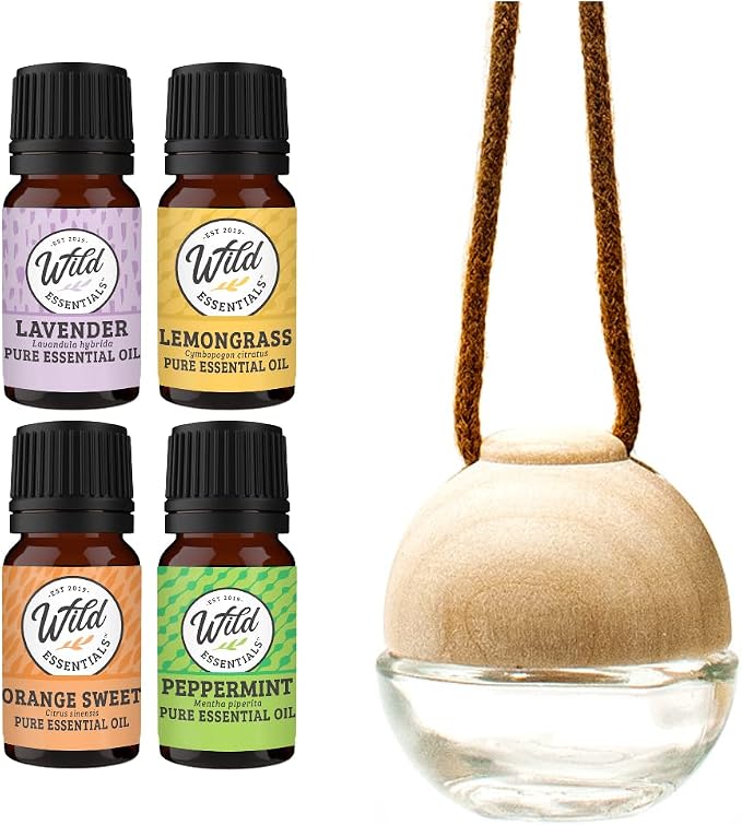 Wild Essentials Glass & Wood Hanging Aromatherapy Diffuser Starter Kit Gift Set Includes 4-100% Pure Essential Oils, Lavender, Lemongrass, Orange Sweet and Peppermint