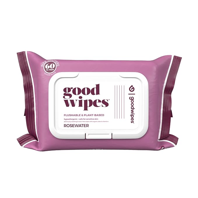 goodwipes Flushable Butt Wipes Made with Vitamin E & Aloe – Soft & Gentle Wet Wipe Dispenser for Home Use, Septic & Sewer Safe – Largest Adult Toilet Wipes – Rosewater, 60 Count