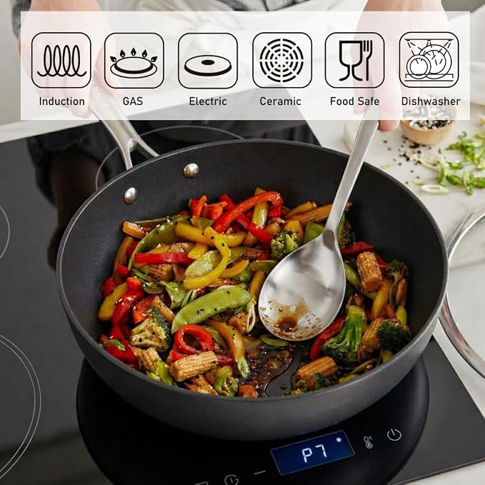 TECHEF - Onyx Collection, 12" Nonstick Flat Bottom Wok/Stir-Fry Pan with Glass Lid, PFOA Free, Dishwasher and Oven Safe, Made in Korea