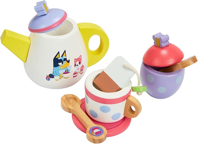 8th Wonder Bluey Toys Wooden Tea Party Set, 18-Piece Durable Toy Tea Set with Tray, Teapot, Teaspoons, and More, Pretend Play for Toddlers of Ages 3+