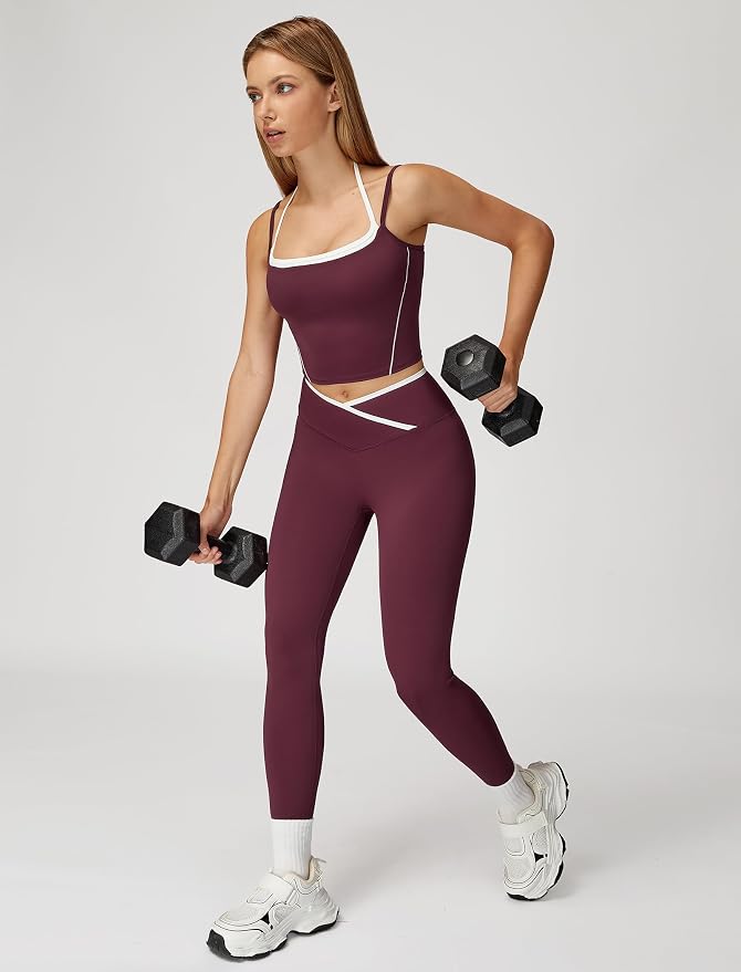 ABOCIW Workout Sets for Women 2 Piece Color Block Strappy Sports Bra High Waist Shorts Gym Yoga Pilates Outfits