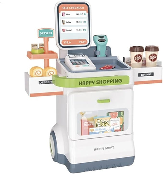 Serena&Jewel 47-Piece Pretend Play Cash Register Toy with Calculator, Shopping Bag, Scanners, Credit Cards, Grocery Game Food Set, and Mobile Cart - Preschool Gifts for Toddlers, Boys, and Girls