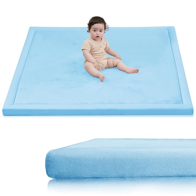 Baby Play Mat for Floor,1.3" Thick Memory Foam Tummy Time Mat,Soft Coral Velvet Nursery Rug,Large Non Slip for Crawling,Toddlers,Infants,Kids,Yoga & Tatami Style for Living Room(Light Blue)