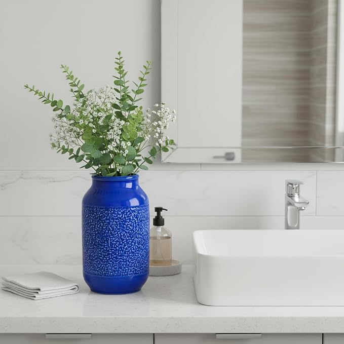Blue Ceramic Flower Vase - 9 Inch Decorative Vase for Pampas Grass, Modern Texture Vase for Decor, Fireplace, Bathroom, Table, Shelf, Living Room, Kitchen Decor