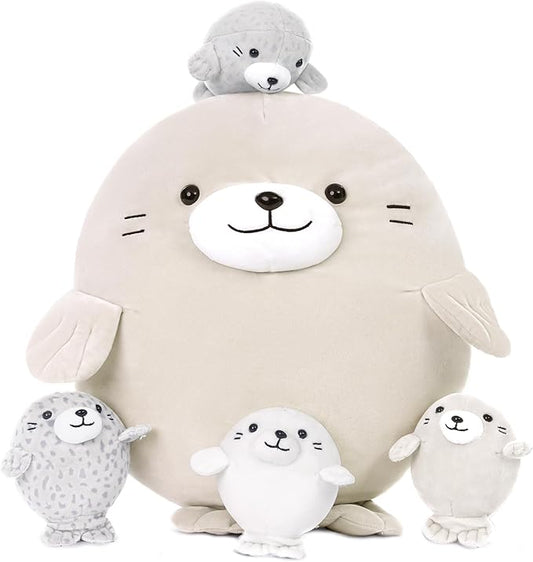 MaoGoLan 5Pcs Fat Seal Plush with 4 Babies Inside - 20" Giant Ultra Soft Seal Stuffed Animal Throw Pillow - Squishy Mother-Babies Collection Gift for Seal Lover,Kids,Boys