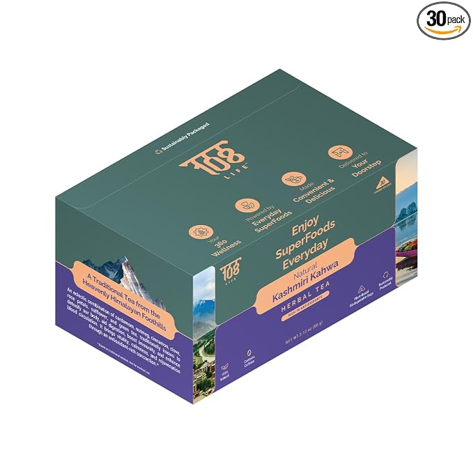 108LIFE Natural Kashmiri Kahwa Herbal Tea | Detox Tea | Herbal Tea Bags | Rich in Antioxidants | 100% Natural | With Plant-Based Biodegradable Pyramid Tea Bags | 30 Tea Bags Pack