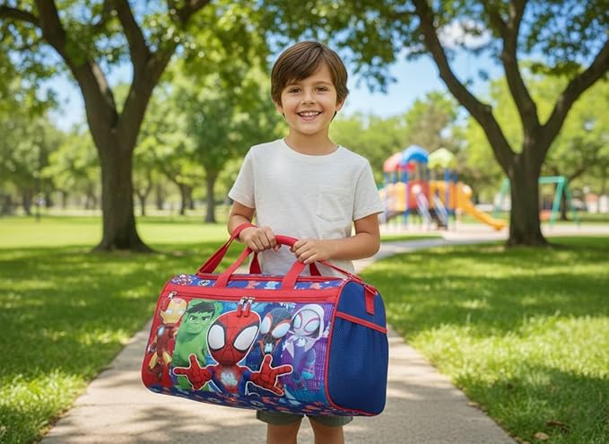 Marvel Spidey and Friends Kids Duffle Bag 16.5" – Travel & Sports Bag with Zipper Pocket, Mesh Sides & Strap