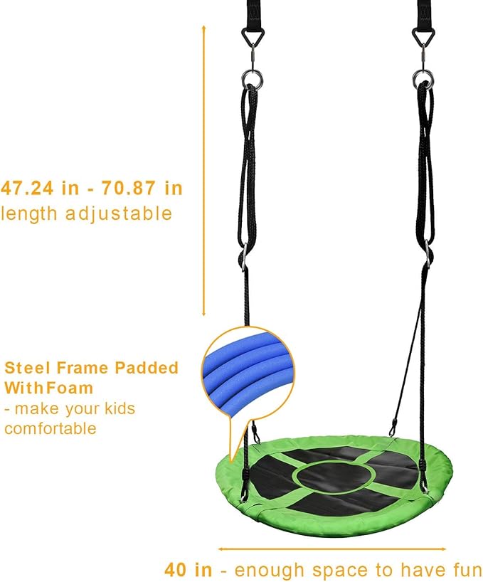 PACEARTH 40 Inch Saucer Tree Swing Flying 660lb Weight Capacity 2 Added Hanging Straps Adjustable Multi-Strand Ropes Colorful Safe and Durable Swing Seat for Children-Green