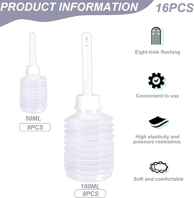 16Pcs Douche Bottles, 50ml/180ml Safe Disposable Vaginal Douche Anal Applicator Eco-Friendly Flexible Butt Cleaner