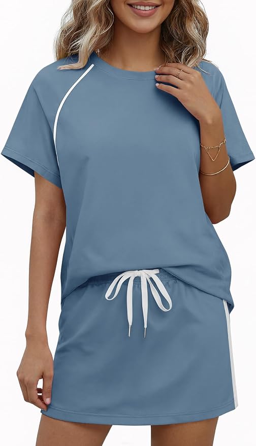 Womens 2 Piece Skirt Sets Summer Tennis Outfits Vacation Skort Set | Two Piece Sets, Short Set, Athletic Workout Golf Outfits, Crew Neck, Color Block, Drawstring, Workout Mathcing Lounge Sets