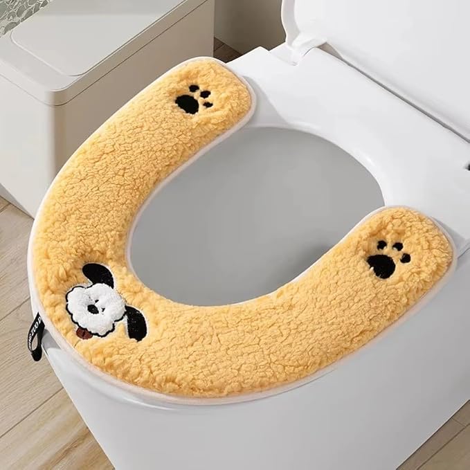 Reusable Plush Toilet Seat Cover with Thick Cotton Fabric for Washable Warmth and Comfortable Seating (Yellow)
