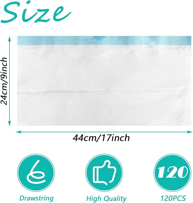 120 Pack Potty Chair Liners with Drawstring,Disposable Training Toilet Seat Potty Bags for Kids Toddlers Outdoors Travel(17.3x9.4 inch)