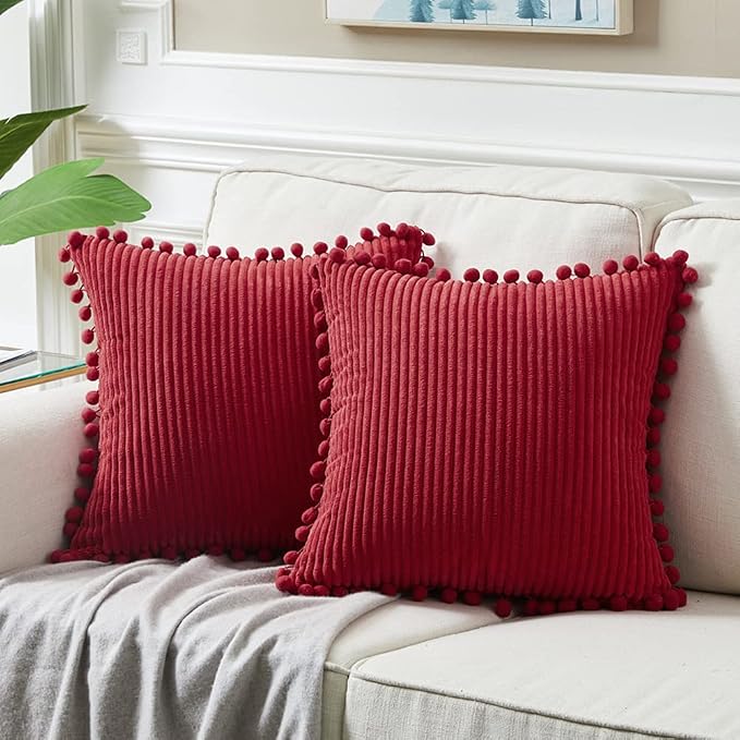 Fancy Homi Burgundy 26x26 Pillow Covers Set of 2, Euro Pillow Covers with Pom-poms, Big Throw Pillow Covers for Couch Bedroom 66x66 cm