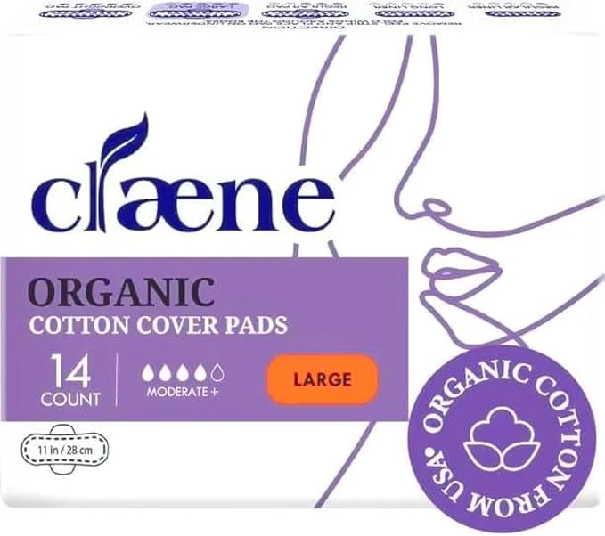 Claene Organic Cotton Cover Pads, Cruelty-Free, Menstrual Large Pads for Women, Unscented, Breathable, Vegan, Natural Sanitary Napkins with Wings (Large, 14 Count)