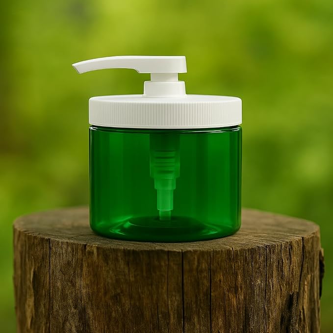Royal Massage 16oz Refillable Pump Jar with Locking Dip Tube Dispenser – BPA-Free Plastic Container for Massage Oils, Lotions, Creams – Ribbed Lid Wide-Mouth Jar – Durable & Reusable (Green/White, 1)