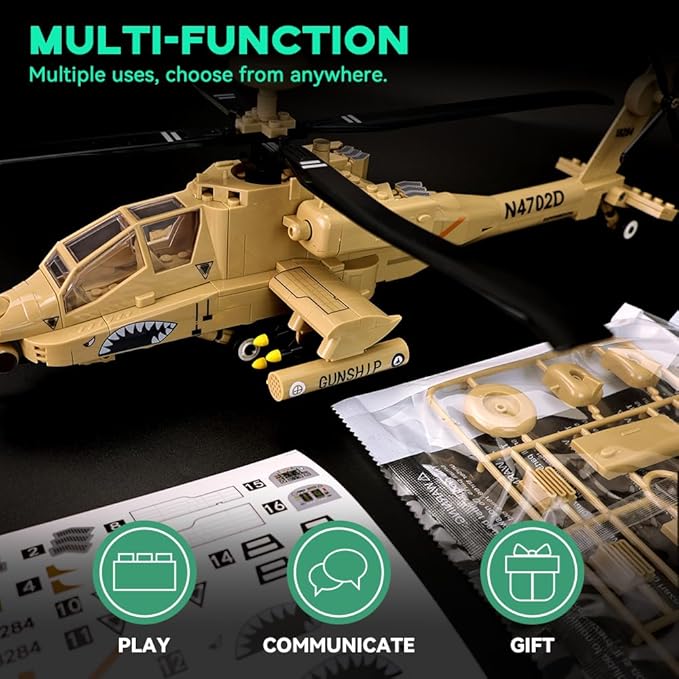 ArtorBricks AH-64 Apache Airplane Military Building Set with Display Stand - 183-Piece Model Kit for Adults, Collectors & Enthusiasts, Premium Gift Box Packaging for Holiday & Birthday Present