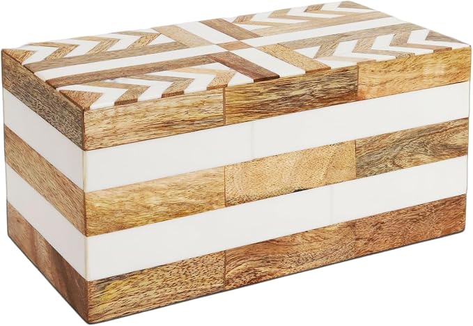 Handicrafts Home White Large Decorative Storage Box with Lid Wooden Memory Box Keepsake Storage Box Photo Storage Box for Home Organization – Resin Inlay Patisserie Adorn Collection- 10x5x5