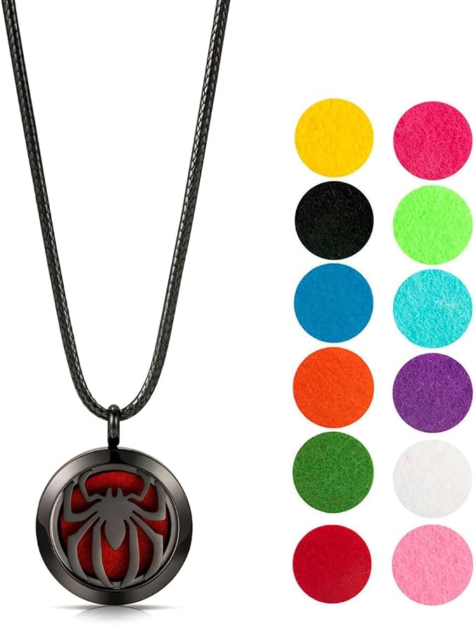 Wild Essentials Black Chrome Spider Essential Oil Diffuser Necklace, Stainless Steel Aromatherapy Locket, Black Nylon Rope, with 12 Color Pads, Customizable Color Changing Perfume Jewelry