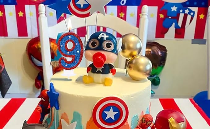 Superheroes Theme Number 9 Candle for Birthday Cake, Blue Captain 9 Birthday Candle for Kid's Hero Dream Party Cake Decoration