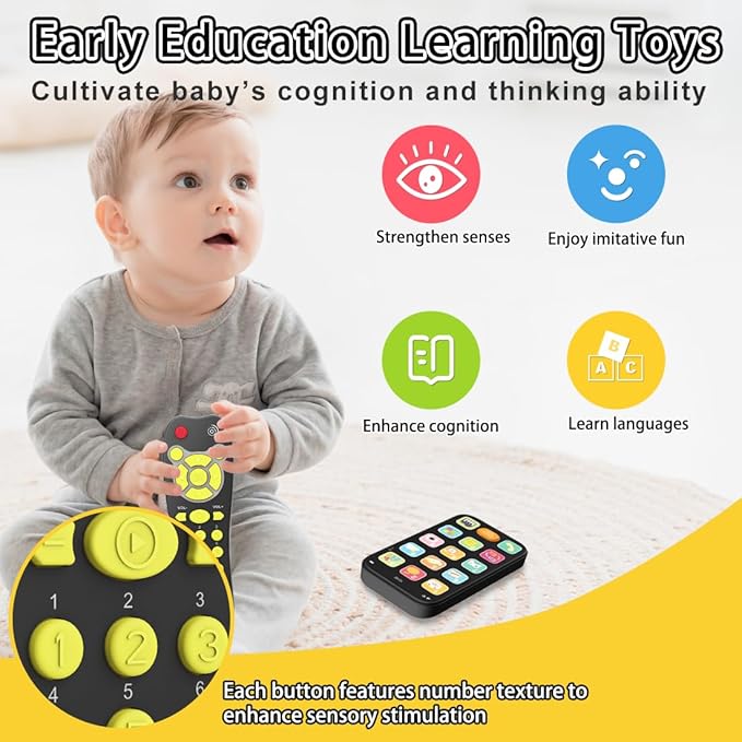 Toy Phone Baby Remote Control Toy Set, Play Phones TV Remote Control with Music Light for 6+ Months, Early Learning Baby Toys Gift for 1 Year Old Boys Girls Kids Toddler Infant, English/Spanish, Black