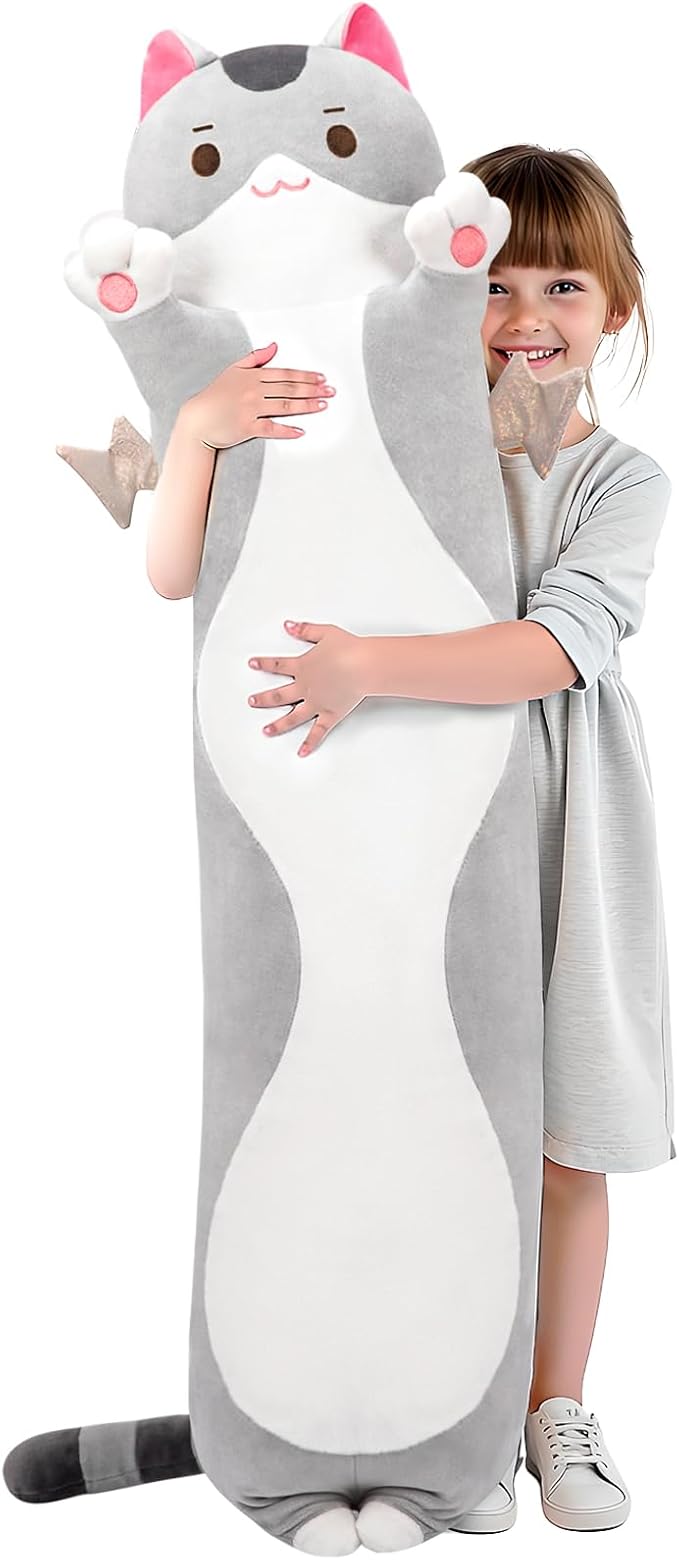 Long Cat Plush 5 Sizes, 120% Extra Filling Giant Plushness Kids Body Pillow, Kawaii Cute Grey Cat Stuffed Animals Plushies, Big Long Body Pillow Cat Plush Gift for Girls 53”