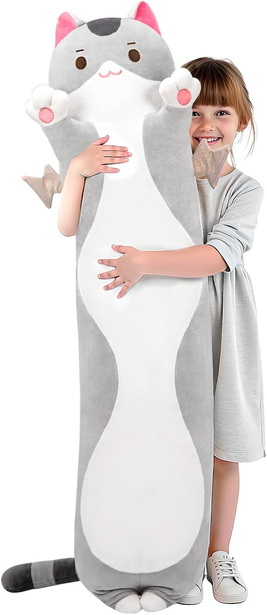 Long Cat Plush 5 Sizes, 120% Extra Filling Giant Plushness Kids Body Pillow, Kawaii Cute Grey Cat Stuffed Animals Plushies, Big Long Body Pillow Cat Plush Gift for Girls 44”