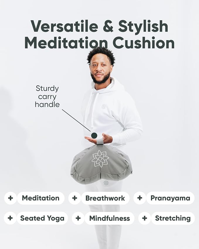 Mindful & Modern Large Meditation Cushion | Zafu Yoga Bolster Meditation Floor Pillow Seat | Buckwheat Hull Filled Crescent Shaped Cushion with Removable Washable Cover + Carry Handle | Grey