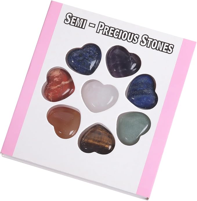 SUNYIK Assorted Natural Gemstones Carved Puff Heart Pocket Stone Set, Healing Palm Crystal Set for Christmas, Pack of 8(1.1")
