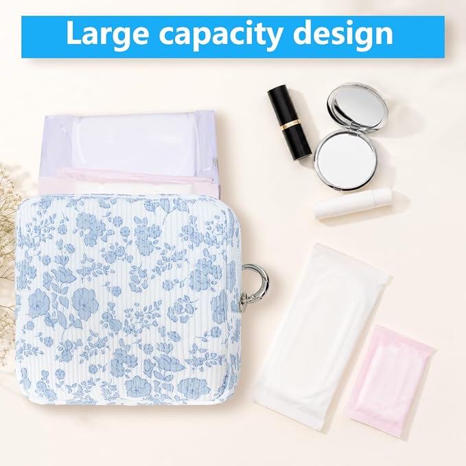 Period Bag for Girls, Corduroy Period Kit with Sanitary Pad Pouch, Menstrual Storage Bag and Tampon Holder for Purse, Girls School Essentials,Feminine Care Organizer(Blue Flower)