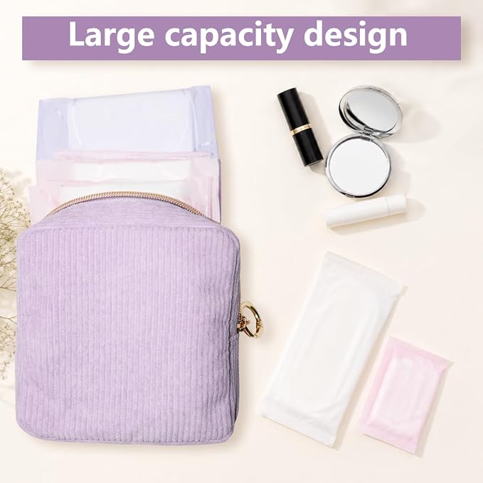 Period Bag for Girls, Corduroy Period Kit with Sanitary Pad Pouch, Menstrual Storage Bag and Tampon Holder for Purse, Girls School Essentials,Feminine Care Organizer(Purple)