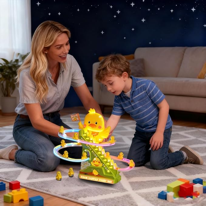 Duck Climbing Toy Set Electric Light Slide Climbing Toys for Automatic Stairs,Playful Santa Race Game Christmas Roller Climbing Toys with LED Light and Music for Toddlers Boys Girls