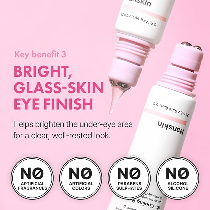 Hanskin Hyaluron Eye Serum – Korean Hydrating Eye Care | 4 Types of Hyaluronic Acid & Cooling Metal Applicator | De-Puffing, Smoothing & Brightening for Tired, Dry Skin | 0.85 fl oz