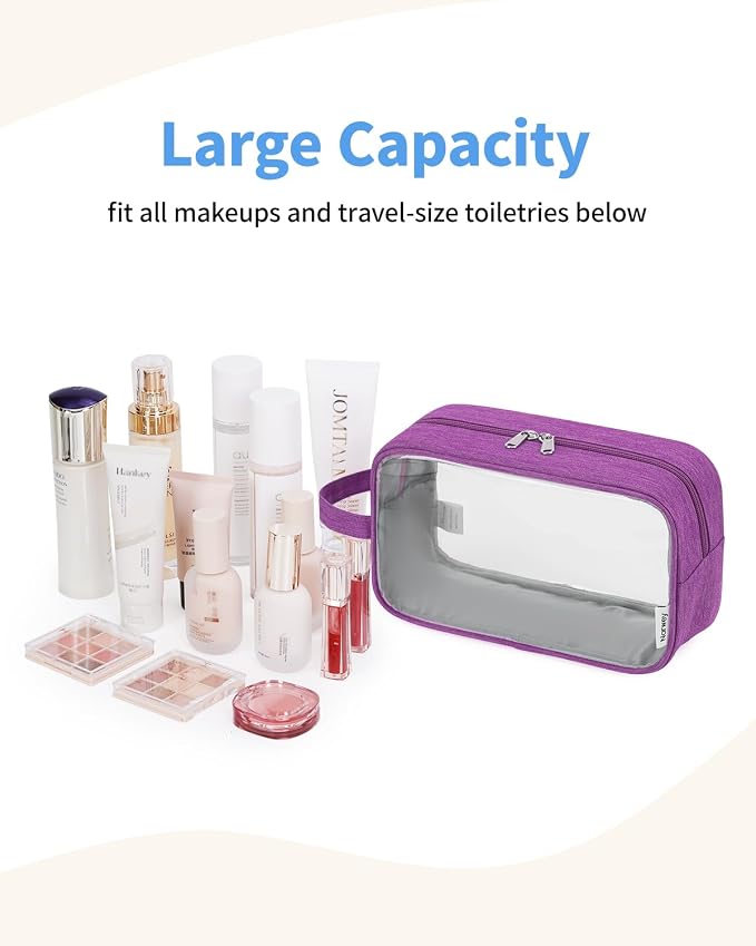Narwey Clear Travel Toiletry Bags for Traveling Toiletries Men Women, Clear Makeup Bag Cosmetic Bag with Zipper, Make Up Pouch Organizer Bag with Handle, Skincare Beach Snack Medicine Bag, Purple