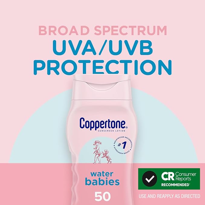 Coppertone WaterBabies Baby Sunscreen Lotion SPF 50, Hypoallergenic Sunscreen for Babies, Water Resistant, Pediatrician Recommended, 8 Fl Oz Bottle