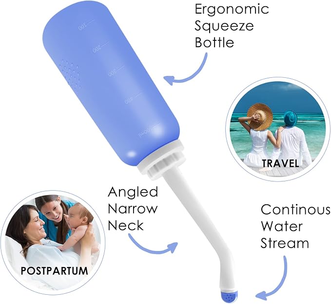 Peri Bottle Postpartum, RUFCRIL 500ml Portable Bidet, Upside Down Perineal Wash Bottle, Boilable TPE, Travel Bag, for Perineal Care, Hemorrhoid Care, Feminine Cleansing & Baby (Blue)