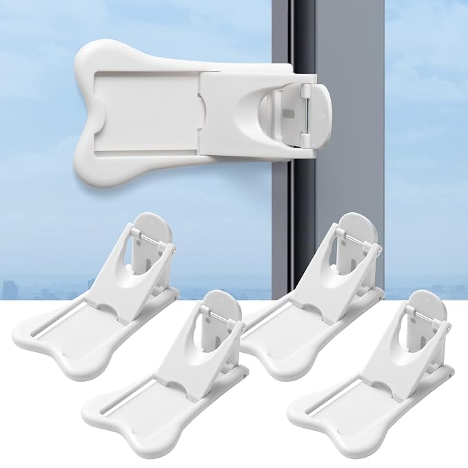 Inaya Sliding Door Lock for Child Safety (4-Pack) - Child Proof Locks for Sliding Glass Doors, Windows, Closets & Cabinets. Safety Locks for All Your Home Openings