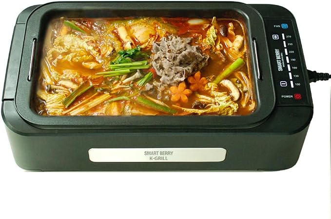 SMART BERRY 3 in 1 Smokeless Electric Indoor Grill, Nonstick Grill/Griddle Plates, hot pot, Glass Lid, Portable Korean BBQ Grill with 7-Level Control, black (HOT POT set White)