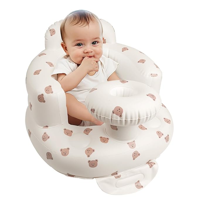 EKEPE Inflatable Baby Seat for Babies 3 Months & Up, Baby Floor Seats for Sitting Up, Baby Seats for Infants, Blow Up Baby Chair with Built in Air Pump - Beige - Bear with Tray