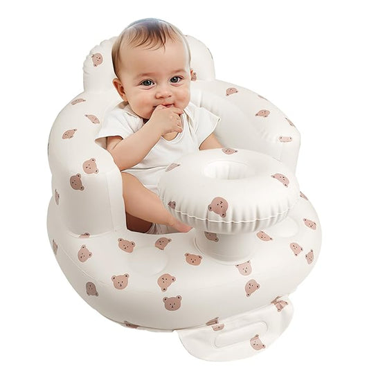 EKEPE Inflatable Baby Seat for Babies 3 Months & Up, Baby Floor Seats for Sitting Up, Baby Seats for Infants, Blow Up Baby Chair with Built in Air Pump - Beige - Bear with Tray